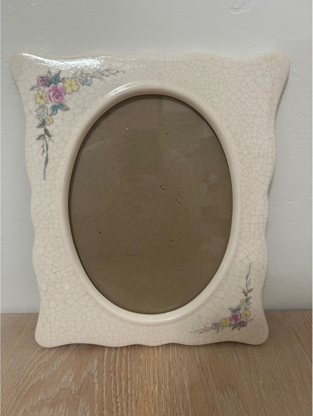 Vintage ceramic floral picture frame cream crackle glaze roses cottagecore